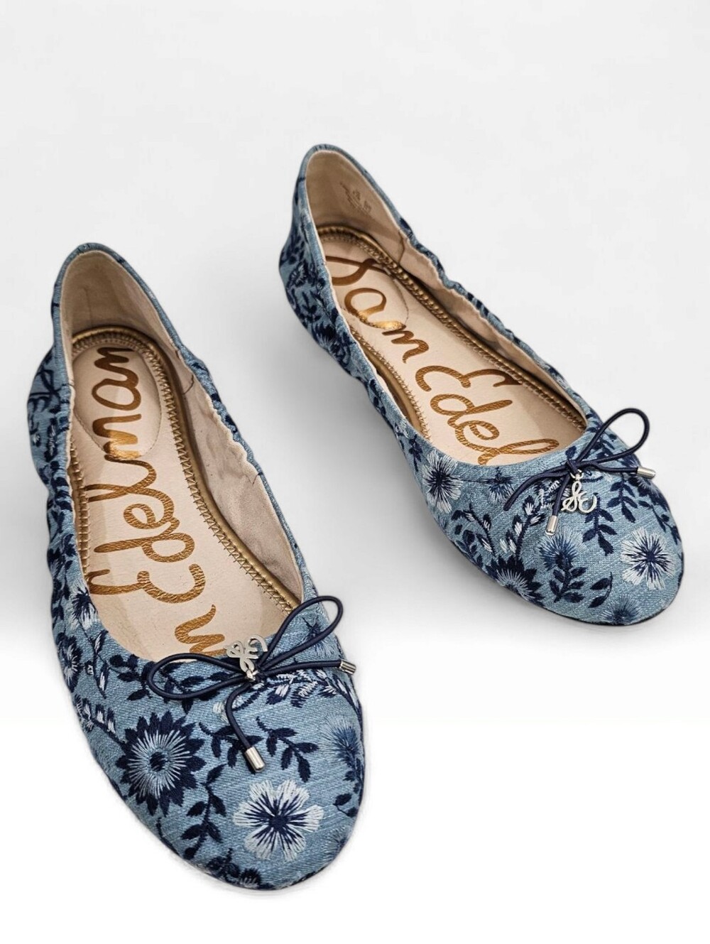 SAM EDELMAN Felicia3 Blue Denim Floral Embroidered Comfort Ballet Flats 9.5M